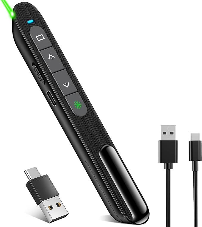 Presentation Clicker for Powerpoint with Green Light Pointer, 2-in-1 USB Type C Rechargeable Wireless Clicker with Hyperlink Volume Control, Pointer for Presentations Support Mac Windows