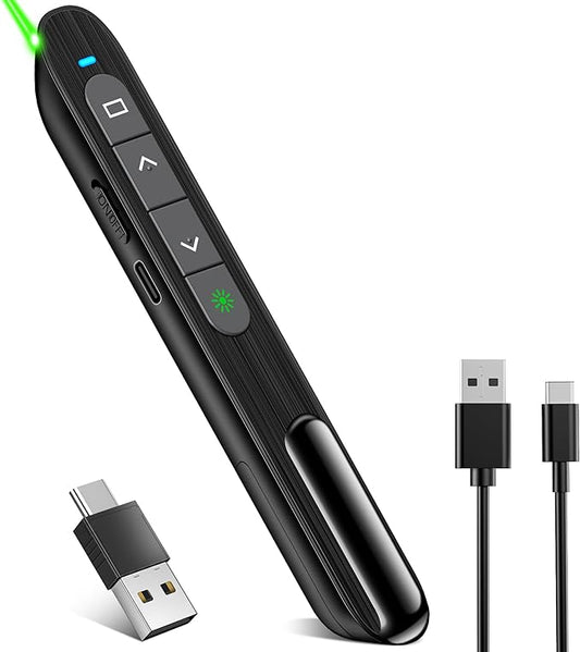 Presentation Clicker for Powerpoint with Green Light Pointer, 2-in-1 USB Type C Rechargeable Wireless Clicker with Hyperlink Volume Control, Pointer for Presentations Support Mac Windows