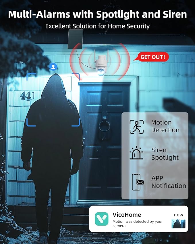 Solar Security Cameras Wireless Outdoor, 2K WiFi Cameras for Home Security, 360° PTZ Surveillance Camera with PIR, Color Night Vision, 2-Way Talk, IP66 Waterproof, SD/Cloud, Work with Alexa (2 Pack)