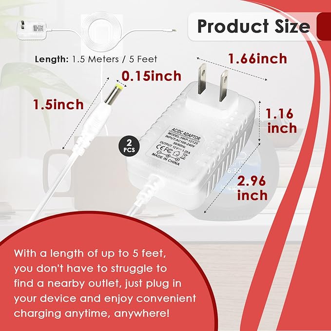 2 Pcs Power Cord for Alexa Dot 3rd / 4th / 5th Gen 2022, Echo Show White Charger Cable - 1.5M Long Power Adapter