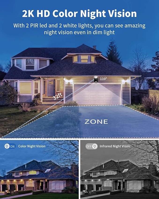 Security Cameras Wireless Outdoor, Battery Powered 2k Color Night Vision, AI Motion Detection, IP66 Weatherproof, 2-Way Talk, SD/Cloud Storage, 2.4Ghz WiFi Cameras for Home Security(with Solar Panel)