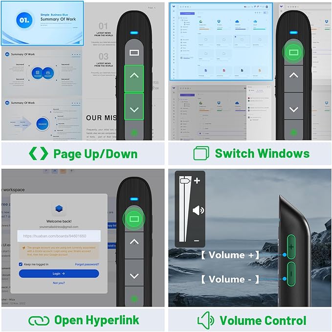 Presentation Clicker for Powerpoint with Green Light Pointer, 2-in-1 USB Type C Rechargeable Wireless Clicker with Hyperlink Volume Control, Pointer for Presentations Support Mac Windows