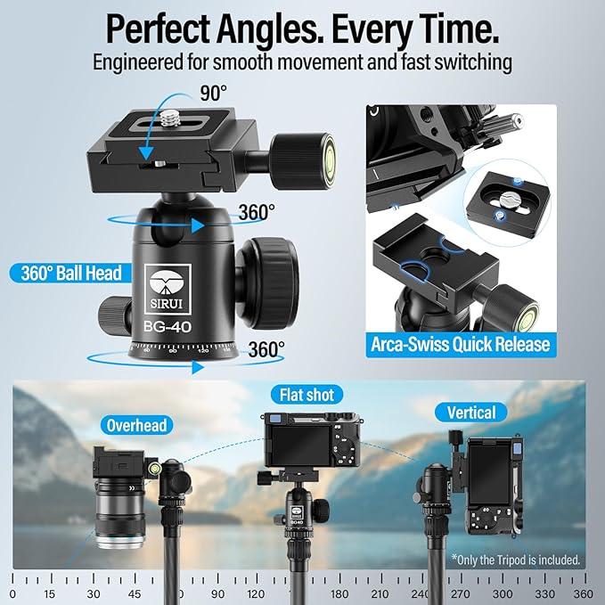 SIRUI Lightweight Carbon Fiber Travel Tripod, 6kg Load Capacity Compact Camera Support with Carry Bag, Portable for DSLR Mirrorless Cameras, Max Height 54" for Hiking Vacation Vlogging