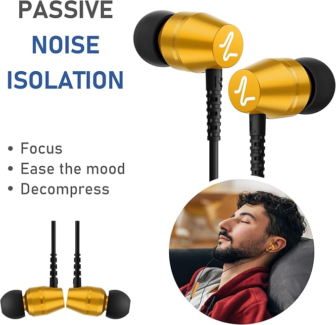 LUDOS OMNITONE Wired Earbuds in-Ear Headphones, 5 Year Warranty, Earphones with Microphone, 3.5 mm Jack Corded Ear Buds, Videoconference for iPhone, Samsung, Laptop, Kids, School Students - Gold