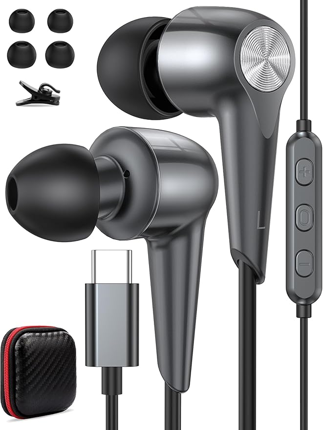 USB C Earbuds Wired Headphones with Mic for iPhone 17 16e 16 15 iPad Air Pro Samsung Z Flip Fold 6 Galaxy S25 Ultra S24 Pixel 8 7 6 Oneplus, Type C in-Ear Volume Control Noise Isolation Sport Headset