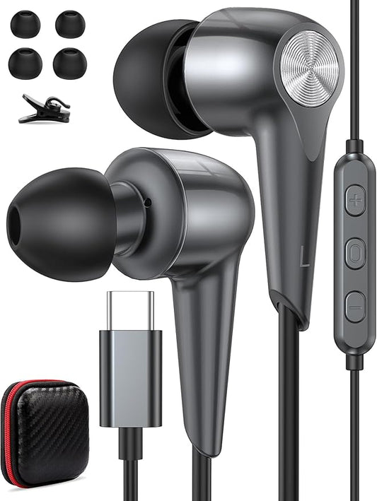 USB C Earbuds Wired Headphones with Mic for iPhone 17 16e 16 15 iPad Air Pro Samsung Z Flip Fold 6 Galaxy S25 Ultra S24 Pixel 8 7 6 Oneplus, Type C in-Ear Volume Control Noise Isolation Sport Headset