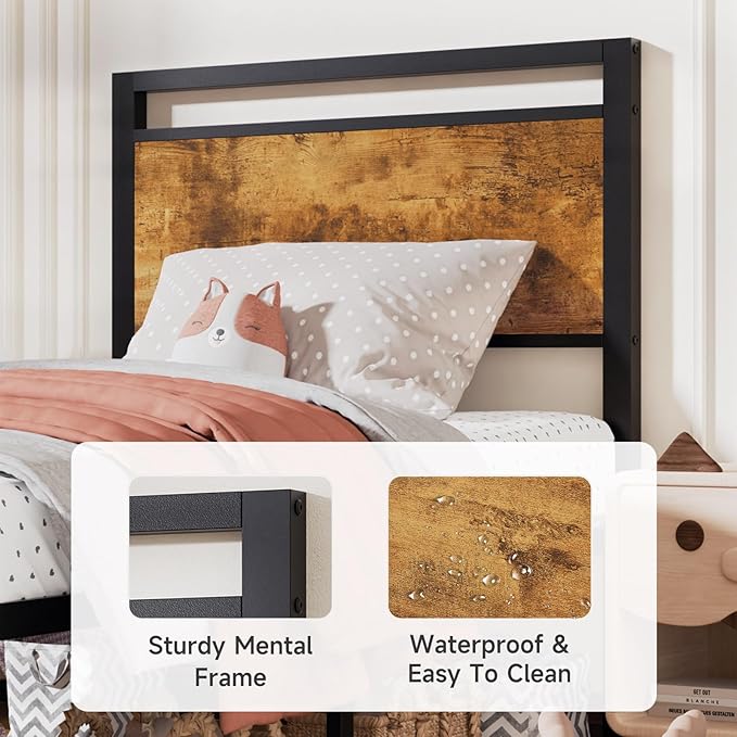 Z-hom Upgraded Twin Bed Frames, Heavy Duty Metal Sturdy Bed Frame Twin Size with Modern Wood Headboard & Footboard, Stable Platform Bed Furniture Bed Storage, No Noise, No Box Springs, Vintage Brown