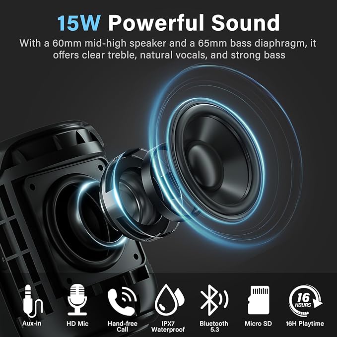 OHAYO Portable Bluetooth Speaker,IPX7 Waterproof Speakers, 15W Loud Stereo Sound, Wireless V5.3, AUX&TF-Card in, TWS, Built-in Mic, Black