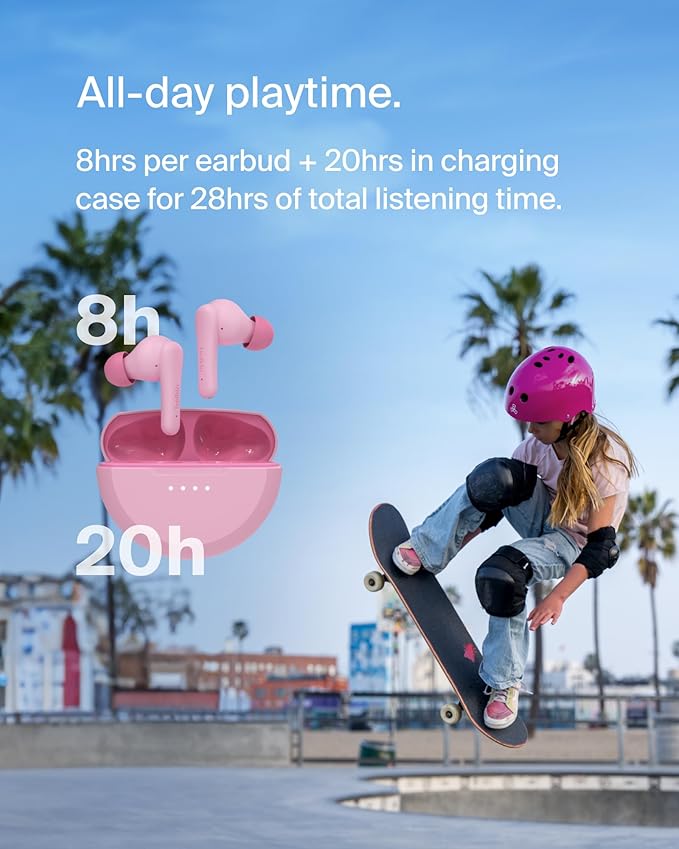 Belkin SoundForm Nano 2 Bluetooth Earbuds for Kids with Built-in Microphone, 28H Battery Life, Safe 85dB Volume, IPX5 Water Resistance - Kids Bluetooth Earbuds for iPhone, iPad, Galaxy, & More - Pink