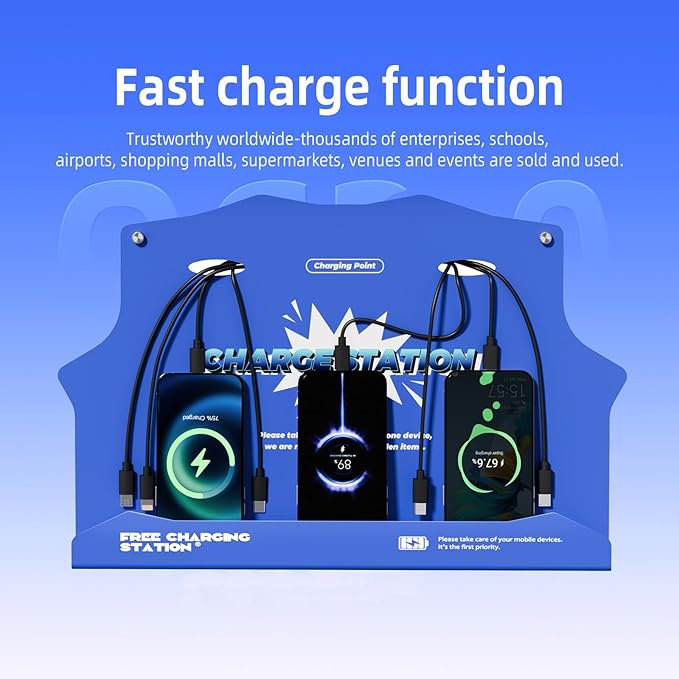 Wall Mounted Cell Phone Charging Station with 8-Port High-Speed Cables – Universal Dock for Apple, Type-C & Android Devices – Ideal for Airports, Hotels, Malls, Offices, Schools (Blue)
