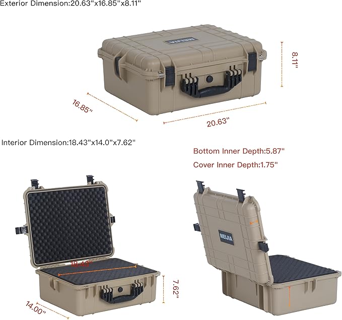 MEIJIA Portable All Weather Waterproof Protective Hard Case,Compact Camera Case with Customizable Fit Foam,Fit Use of Drones,Camera,Equipments, 20.62 x16.85x8.11inches(Desert Tan)