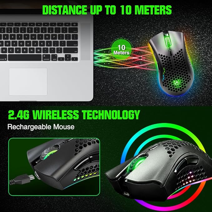 KM-1 Gaming Mouse, Wireless Mouse Gaming Computer Mice USB with Honeycomb Shell, 6 Programmed Buttons, 3 Adjustable DPI, Ergonomic RGB Optical Mouse for PC Mac Laptop