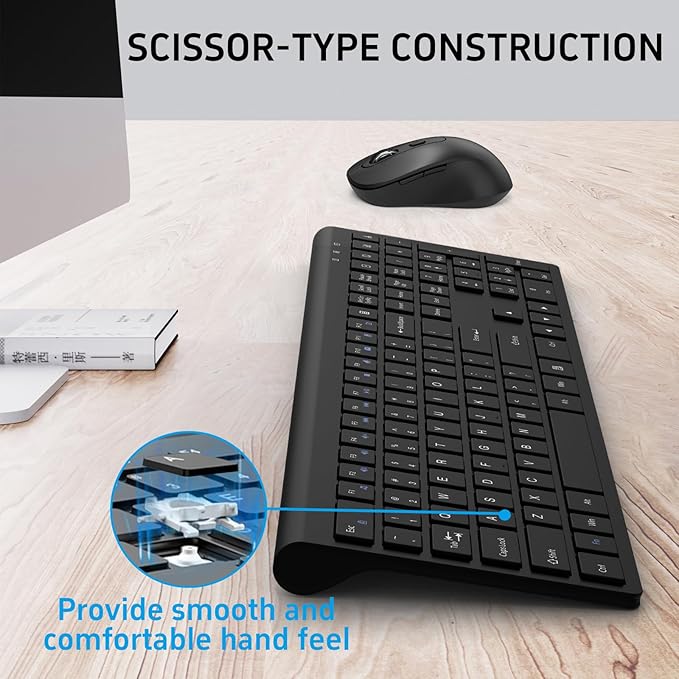 Wireless Mouse and Keyboard Combo, Full-Size Computer Keyboard with Calculator Button, 2400 Dpi Ergonomic Mouse, Ultra-Thin Cordless USB Keyboard and Mouse Set for Laptop Windows Mac - Black