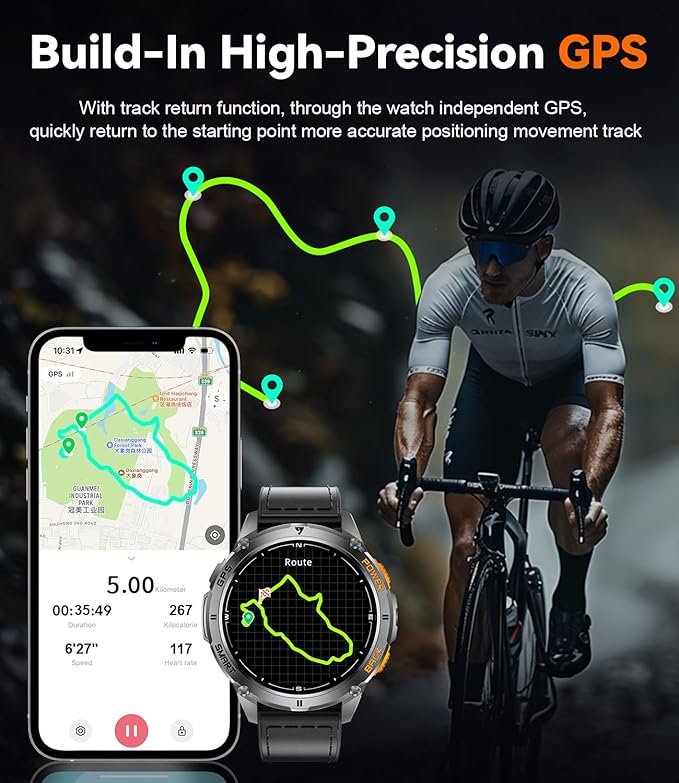 LIGE GPS Smart Watch for Men, Compass/LED Flashlight/Pedometer/1.43" AMOLED Smartwatch, 100+ Sports Mode Fitness Tracker for Android iOS, IP68 Waterproof Watches for Swimming