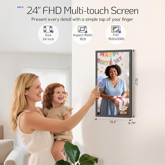 NexFoto 24 Inch Touchscreen Digital Picture Frame Large, FHD WiFi Electronic Photo Frame 64GB, Add Photos from Google Photos, Upload Videos via App/USB/Micro SD, Gifts for Housewarming, Mom, Black