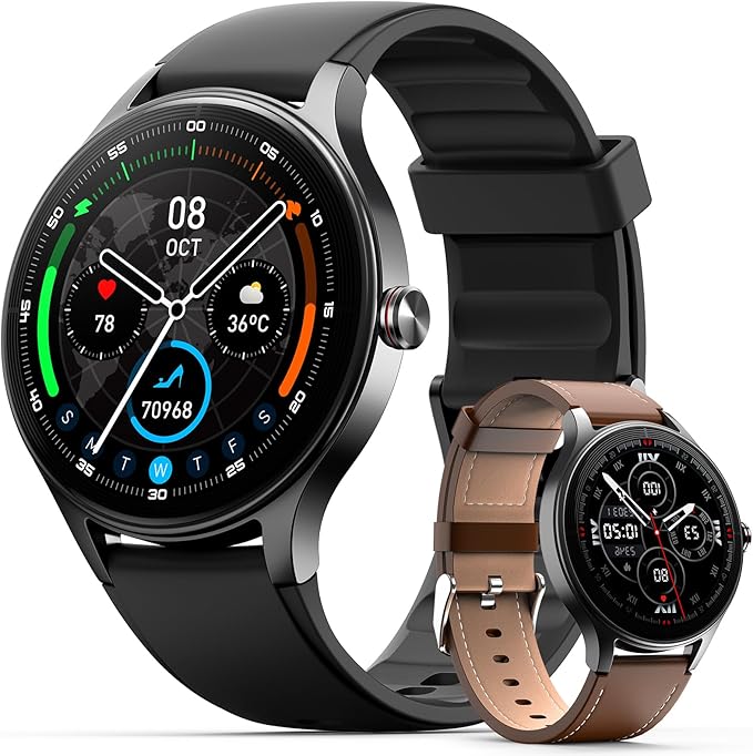 Smart Watches for Men Women,1.27" HD Touchscreen SmartWatch(2 Bands) with Bluetooth Calls (Make/Answer),Fitness Tracker with Heart Rate/Sp02/Sleep Monitor,110+ Sport Modes (Black, 1.27)