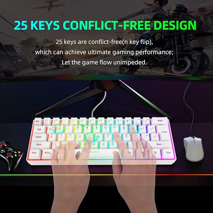 Snpurdiri 60% Wired Gaming Keyboard, 61 Keys RGB Backlit Wrist Rest Ultra-Compact Mini Waterproof Keyboard for PC Computer Gamer (White)