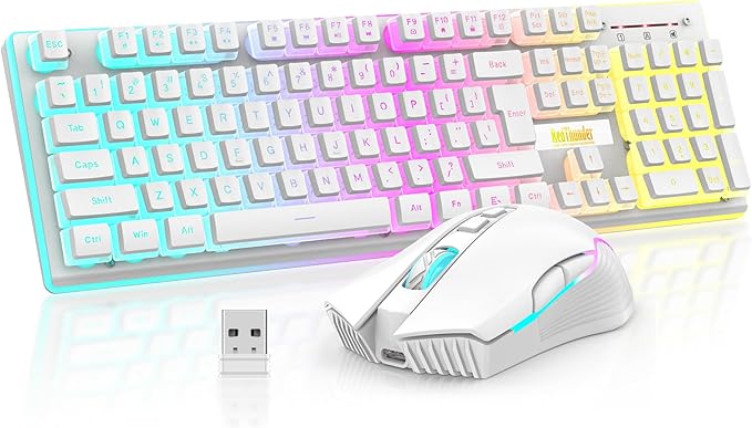 RedThunder K10 Wireless Gaming Keyboard and Mouse Combo, RGB Backlit Rechargeable 3800mAh Battery, Mechanical Feel Anti-ghosting Keyboard + 7D 3200DPI Mice for PC Gamer(White Pudding)