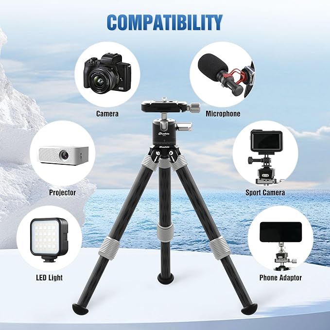 Carbon Fiber Mini Table Tripod with 360° Ball Head for Camera, Lightweight Desktop Tripod with Panoramic Base, 1/4" Arca QR Plate for Phone Adaptor/Projector/SLR, Max Height 10.43", Max Load 11LB/5KG