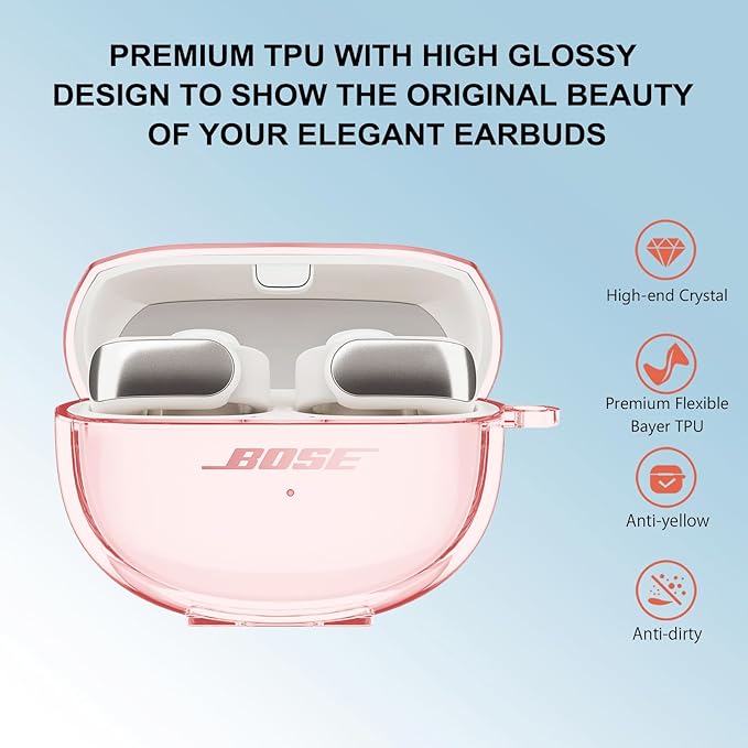 for Bose Ultra Open Earbuds Case Clear 2024,Full Protective Shockproof Soft Transparent TPU Cover for Bose Open Ear Wireless Earbud Headphone Accessories with Carabiner and Cleaning Pen-Pink