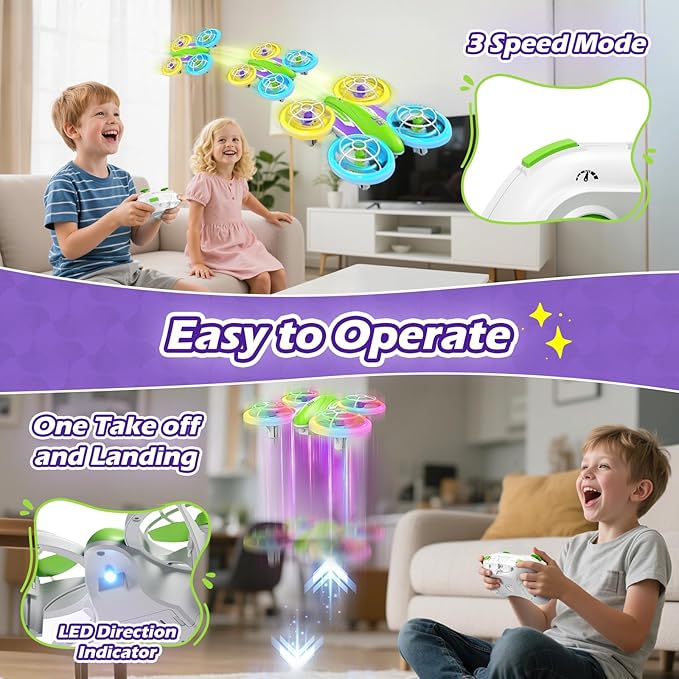 LED RC Drone for Kids 6+, Christmas Birthday Gift for Boys & Girls with Remote Batteries, 360° Flips, 3 Speed Modes, 45 Min Flight Indoor and Outdoor Flying Toy - Green Purple