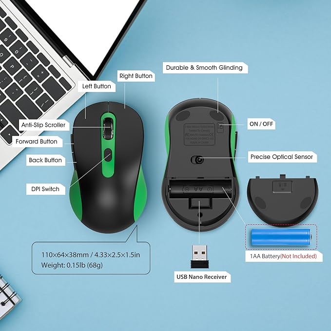 Wireless Mouse for Laptop, PC, Chromebook, Mac, MacBook, Silent Wireless Mouse with USB Nano Receiver, Side Button, 2400 DPI, Anti Slip Roller, 6 Button Ergonomics Cordless Computer Mice - Black Green
