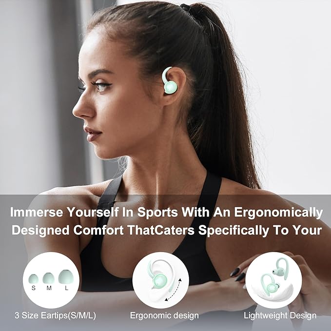 Wireless Earbuds, Bluetooth Ear Buds Sport, Stereo Deep Bass Over Ear Buds with Earhooks, In Ear Earphones with 4 ENC Noise Cancelling Mic, 48H LED Display Headphone for Running, IP7, Light Blue