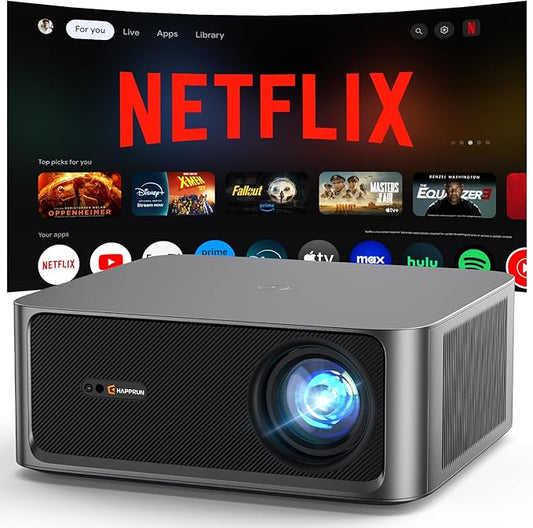 2500 ANSI Lumen Official Netflix Licensed 4K UHD Smart Projector, HAPPRUN Home Theater with Dolby Audio, Wi-Fi 6 & Bluetooth 5.2, Built-in Streaming Apps, Works with Smartphones, Indoor & Outdoor Use
