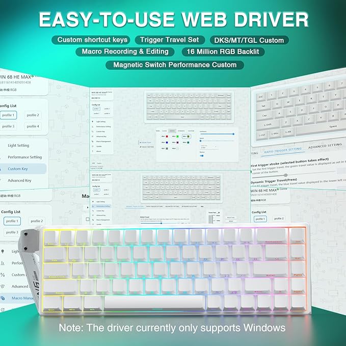 AULA WIN68 HE Mechanical Gaming Keyboard 60%, Hall Effect Magnetic Switch, Fast Trigger Mode Adjustable Actuation, 8000Hz Polling Rate, RGB Backlit, Wired White Keyboard for Laptop/PC Gamer