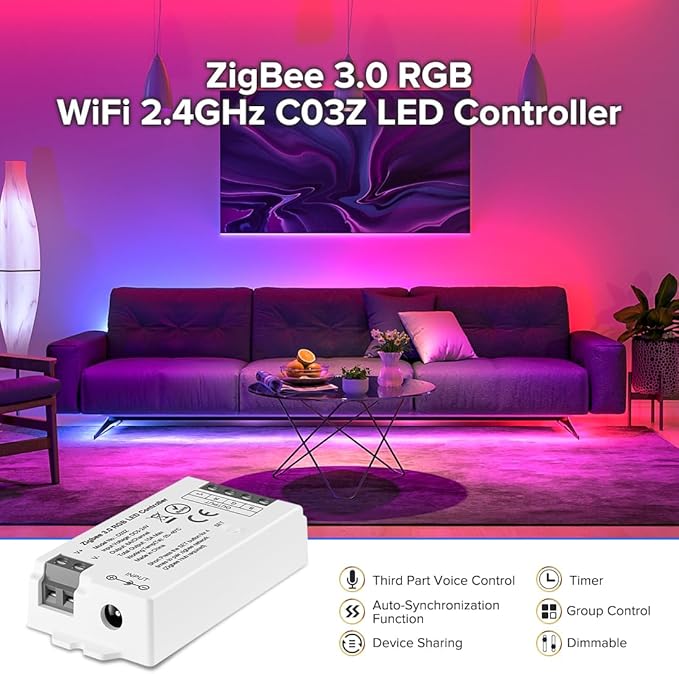 BTF-LIGHTING Tuya Zigbee 3.0 C03Z Controller Support RGB Color 4 pin (+V R G B) PWM LED Strip Bulb Compatible with Echo Plus/4th Gen Tuya Gateway DC5V/DC12V/DC24V Max 15A
