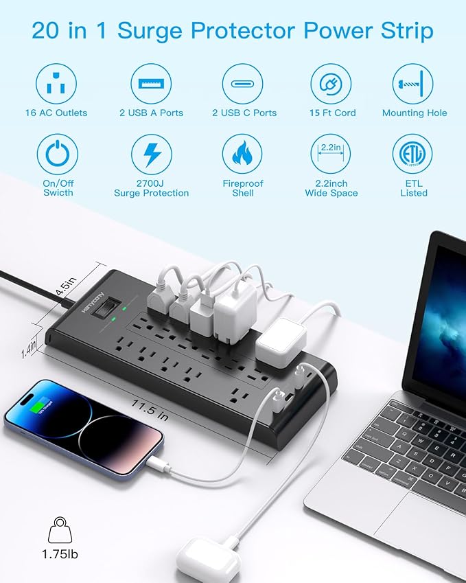 Surge Protector Power Strip, HANYCONY 5 Ft Flat Plug Heavy Duty Extension Cord with 16 Outlets 4 USB Ports(2 USB C), 2700 Joules, Wall Mount for Home Office, ETL Listed, Black