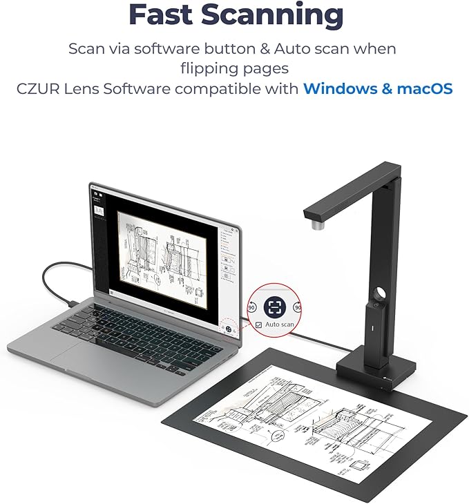 CZUR Portable 12MP Document Scanner, USB Document Camera, Fast Scan 1s/Page, Capture Size A4, OCR Function, Travel-Friendly Mobile Scanner for Mac & Windows, Lens1200 Pro (Not for Books)