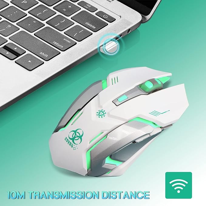 VEGCOO White Wireless Gaming Mouse, Silent Click Wireless Mouse with 3 Level DPI, Rechargeable Computer Mice with Colorful RGB LED Lights and Side Buttons for Laptop and Desktop