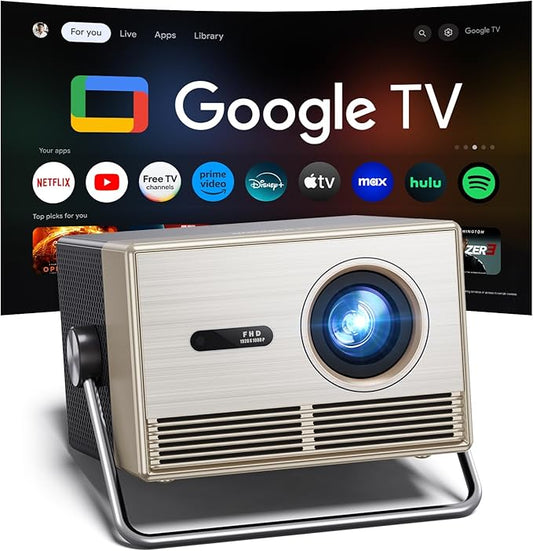 2000 ANSI Official Licensed Google TV Outdoor Projector 4K Full HD, Smart Projector with Wifi and Bluetooth, Auto Focus, Dolby Sound, Built-in Apps, Indoor Home Theater for Phone/TV Stick/PC/PS5-Gold