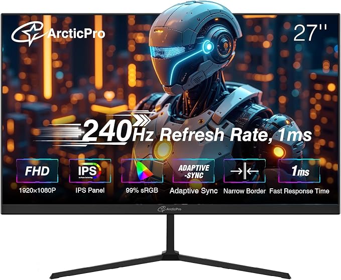 27 inch Gaming Monitor 240Hz, FHD 1080p, IPS Panel, 1ms Response Time, Adaptive sync, PC Computer Monitor, 3-Sided Frameless, Ultra Slim, 99% sRGB, Bluelight Filter, HDMI & DP Ports,Black