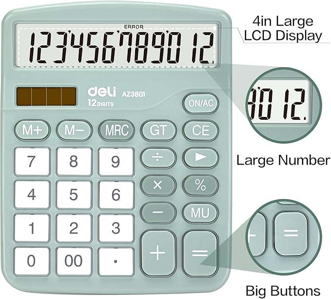 Calculator, Deli Standard Function Desktop Calculators with 12 Digit Large LCD Display and Sensitive Button, Solar Battery Dual Power Office Calculator, Green