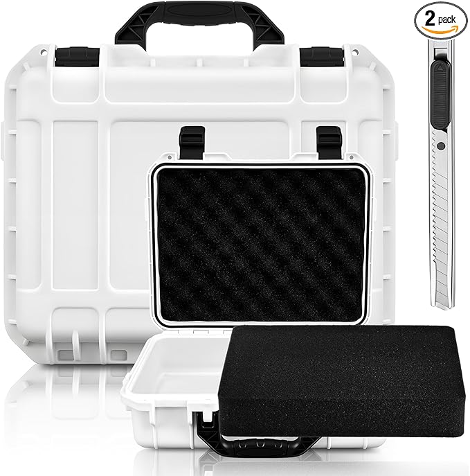 14.3 x 11.4 x 4.5 Inch Waterproof Hard Case with DIY Customizable Foam Insert Portable Protective Case with Knife for Camera Drones Equipments Tools Test Instruments (White)