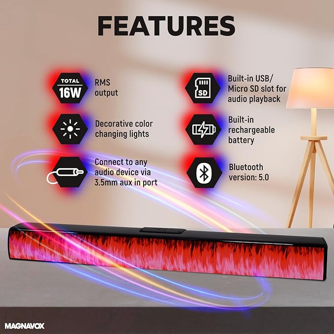 Magnavox MMA4020 Portable Speaker Soundbar with Bluetooth 5.0, Patented Vibrant LED Light Display, True 16 Watts RMS Sound, USB, TFT Playback, Great for Gaming, Stereo