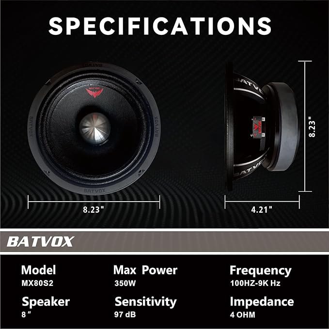 MX80S2 Midrange Loudspeaker 8" Silver Bullet, 700W Max, 4 Ohms, Premium Quality Audio Door Speakers for Car or Truck Stereo Sound System, Black (1 Speaker)