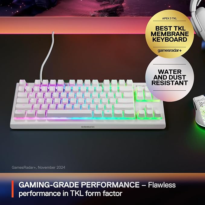 SteelSeries Apex 3 TKL White RGB Gaming Keyboard — Tenkeyless Compact Form Factor — 8-Zone RGB Illumination — Water and Dust Resistant — Whisper-Quiet Gaming Switch