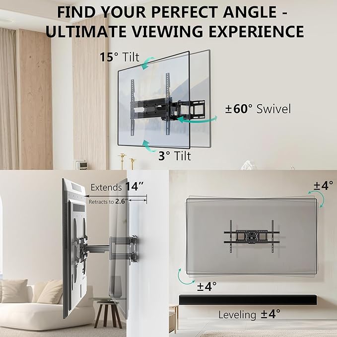 WALI Full Motion TV Wall Mount for 32–70 Inch TVs – Heavy Duty Dual Articulating Mount with Swivel, Tilt & Extension | VESA up to 400x400mm | Fits 12/16" Wood Studs | Holds Up to 88 lbs