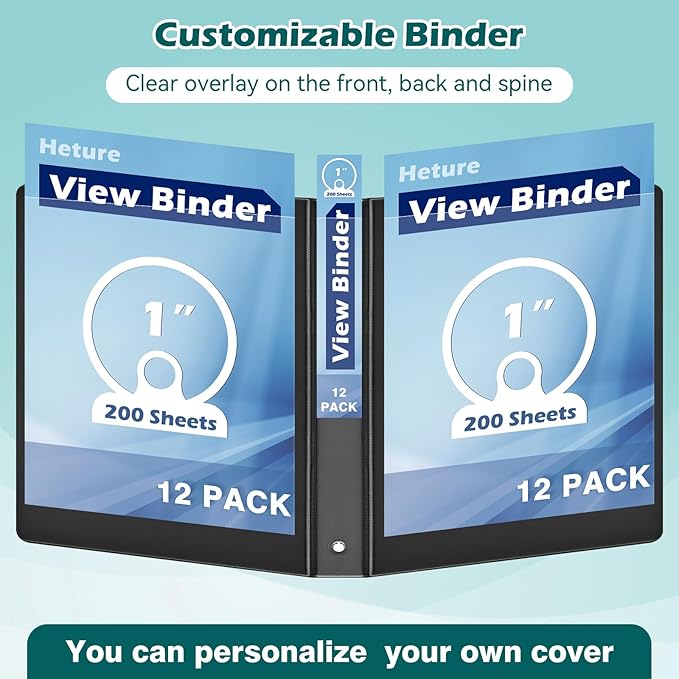 3 Ring Binder 1 Inch 12 Pack, 1" Clear View Round-Ring-Binder, PVC-Free,Holds for 200 Sheets 8.5" x 11" US Letter Size Paper, Durable Black Binders Perfect for Office,School and Home