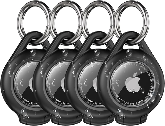 Waterproof Airtag Holder - 4 Pack Airtag Keychain Holder Compatible with Apple AirTags, Ultra Durable Anti-Scratches Protective Case with Keyring for Luggage, Backpack, Pet, Bag, Black