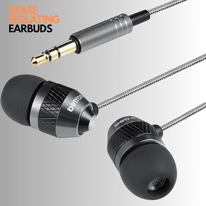 Betron B25 Earphones, Noise Isolating in-Ear Wired Headphones with Strong Bass, Tangle-Free Cord, Lightweight, Carry Case and Soft Earbud Tips, Black