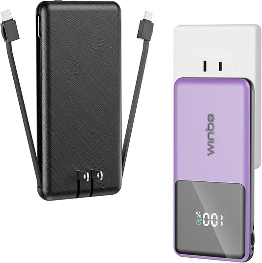Portable Charger with Built in Cables, 10000mAh Power Bank with Wall Plug, Travel Essential Fast Charging Battery Pack for iPhone 17 16 15 14 etc (Purple)