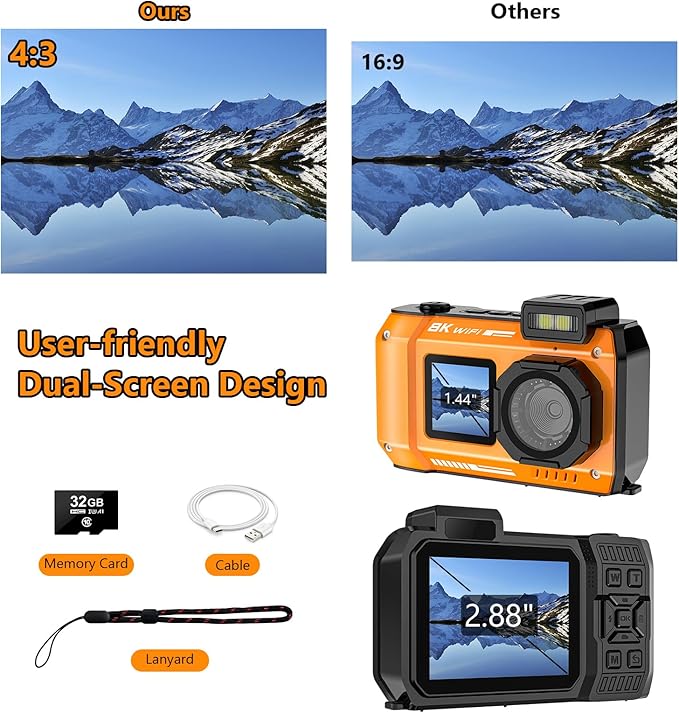 UHD 8K Underwater Camera, 70MP 33FT WiFi Waterproof Digital Camera with 64GB Card, Auto Focus Waterproof Dual-Screen Selfie 2500mAh Battery, 16X Floatable Digital for Snorkeling, Orange