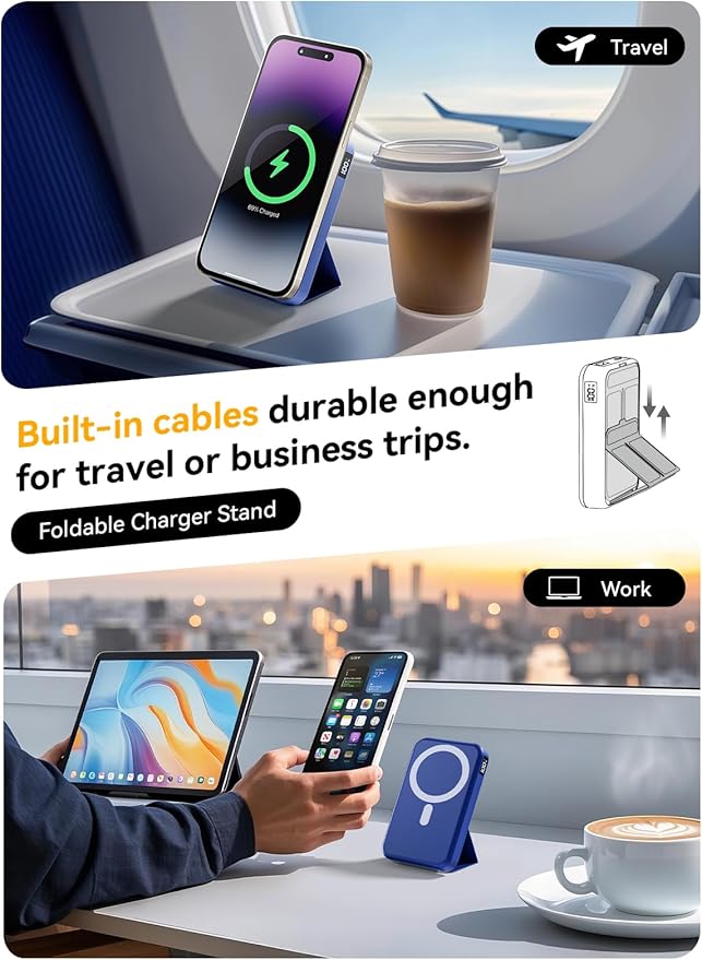 Magnetic Power Bank, 10000mAh Wireless Portable Charger with 20W USB-C Fast Charging, Foldable Stand & LED Display Battery Pack, Compatible with iPhone 16/15/14/13/12, Blue