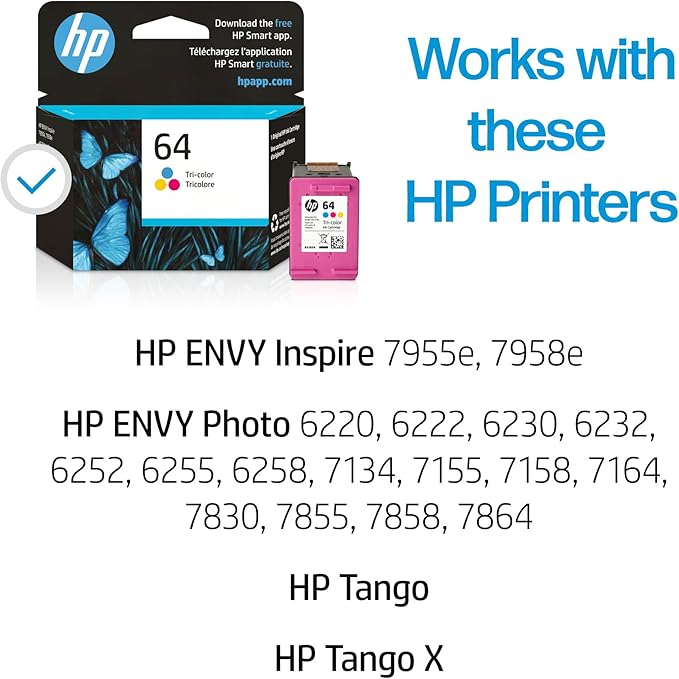 HP 64 Tri-color Ink Cartridge for HP Printers | Works with Printer Series: ENVY Inspire 7950e; ENVY Photo 6200, 7100, 7800; Tango | Eligible for Instant Ink | N9J89AN