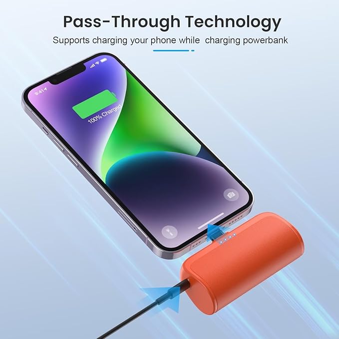 Mini Portable Charger Power Bank for iPhone,5200mAh Portable Phone Charger, Ultra-Compact PD Fast Charging Battery Pack Compatible with iPhone 14/14 Plus/Pro Max/13（Wine red）