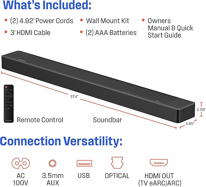 Westinghouse 3.1.2 Channel All-in-One Soundbar with Dolby Atmos and Digital Plus, Built-in Low Frequency Driver and Height Speakers, 210W Surround Sound, eArc, HDMI, Bluetooth, Roku TV Ready